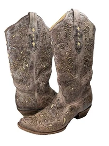 CORRAL Bronze Leather Bone Inlay Studded Western Cowboy Boots A1098 WOMENS 9.5M - Picture 1 of 9