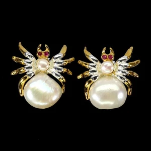 925 Sterling Silver Earrings Round Ruby Pearl Spider Natural Gemstone Jewelry - Picture 1 of 13