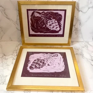 Vintage JR Bagshaw Set 2 Framed Numbered Block Prints Reflections On The Vine - Picture 1 of 11