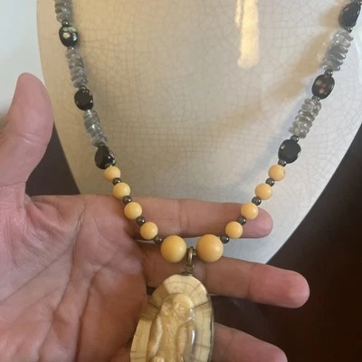 Artisan Fred Phillips Petrified Wood  Carved Owl Pendant 22-26”Necklace Unsigned - Image 1 of 4