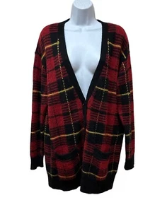 Polo Ralph Lauren Cardigan Alpaca Wool Red & Black Tartan Plaid Womens Size M - Picture 1 of 8