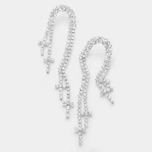 Pierced 3 1/2" long silver and clear stone angled cross earrings - Picture 1 of 4