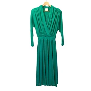 Vintage 70s 80s Surplice Front Dress Green Long Sleeve Jersey Unlined Western - Picture 1 of 15