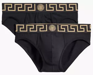 NWT Versace Greca Border Medusa Greek Key Logo Black 2 Pack Briefs Underwear 6 L - Picture 1 of 23