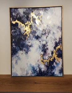 Abstract Blue and Gold Canvas Wall Art with Textured Details and Gold Highlights - Picture 1 of 2