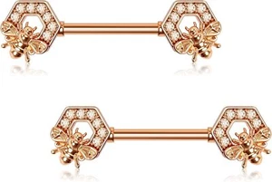 Dainty Bee Nipple Rings 14G Surgical Steel 316L 2pcs Nipple Barbell CZ Nipple Pi - Picture 1 of 7