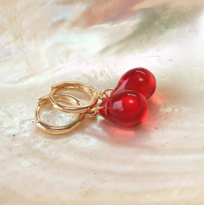 Gold Cubic Zirconia Earrings Red Simulated Ruby CZ 925 Sterling Faceted teardrop - Image 1 of 4