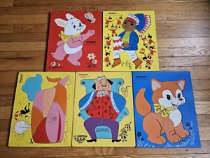 Lot of 5 Playskool Vintage Puzzles Wood Tray Animals Fox Whale Rabit Indians  - Picture 1 of 7