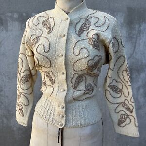 Vintage 1940s Cream Hand Loomed Cotton Snyder Knit Sweater Soutache Embroidery