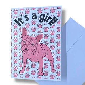 French Bulldog Dog It's a Girl Announcement Card Handmade Baby Shower Gift 5x7" - Bild 1 von 5