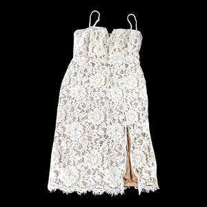 Lulus Dress Womens M White Crochet Lace Lined Bodycon Split Hem AMAZING ALLURE - Picture 1 of 13