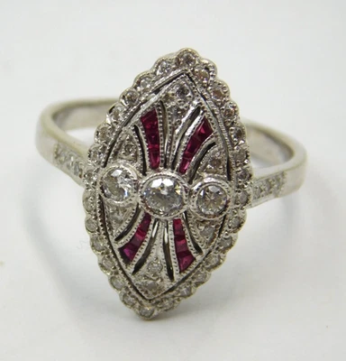 18ct White Gold Diamond Ruby Cluster Ring Art Deco - Image 1 of 3
