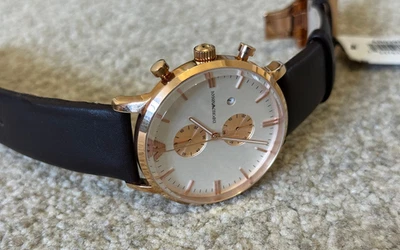 emporio armani ar0398 rose gold 43mm brown leather chronograph men's watch - Image 1 of 4