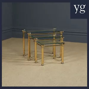 Vintage English Nest of Three Brass & Glass Occasional Tables (c. 1970) - Picture 1 of 19