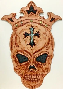 CARVED LEATHER BLACK KING STINGRAY SKULL WITH CROSS BIKER PATCH HARLEY RARE UNIQ - Picture 1 of 3