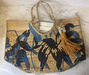 NEW Antik Kraft Floral Jute Tote Multi Blue Woven Hand Painted Beach Tote Bag - Picture 1 of 10