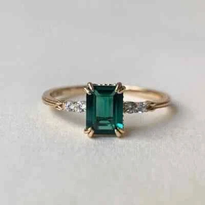 Natural Emerald 2Ct Emerald Cut Women's Wedding Ring 14K Yellow Gold Plated - Image 1 of 4