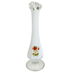 VTG Fenton Art Glass Flower BUD VASE 8” Signed Hand Painted Strawberry White - Picture 1 of 6