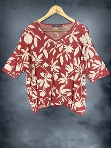 Peruvian Connection M/L Red Ivory Pima Cotton Sweater Top Floral Leaf Print Boho - Picture 1 of 9