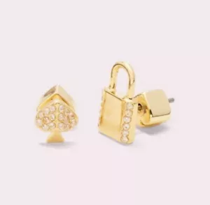 Neu mit Etikett Kate Spade Pave asymmetrische Lock & Spade Goldplättchen Ohrringe Ohrstecker + KS Tasche - Bild 1 von 7
