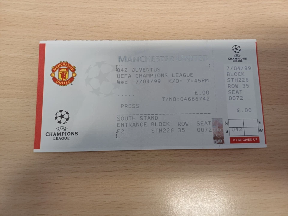 BIGLIETTO CALCIO FOOTBALL TICKET - MANCHESTER UNITED JUVENTUS 1999 - Immagine 1 di 1