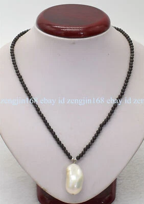 Hermoso collar colgante de perlas barrocas blancas y ojo de gato de ópalo negro de 4 mm 18" Foto 1 de 4