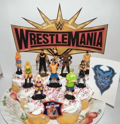 WWE Wrestling Cake Toppers Set of 12 with 10 Figures, WWE Tattoo and Finger Ring
