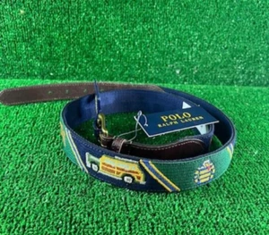 $188 Polo Ralph Lauren Leather-Trim Logo Needlepoint Belt Collegiate RARE Sz 40 - Picture 1 of 3