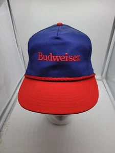 Vintage Budweiser Snapback Hat Blue Red Embroidered Spellout Logo USA Made 90s - Picture 1 of 6