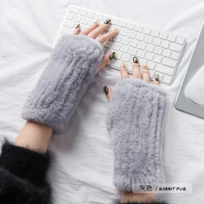 Real Rex Rabbit Fur Glove Mitten Knitted Fingerless Wrist Warm High Elastic - Image 1 of 4