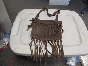 Vintage Hand Made Brown Leather Shoulder Bag Beaded & Fringe Biker Chick