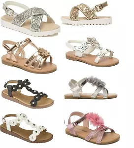 Girls Flat Sandals Kids Flower Glitter Strappy Walking Casual Summer Size UK 4-2 - Picture 1 of 8