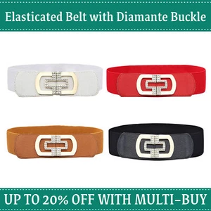 Diamante Metal Buckle Women's Ladies Belt Stretch Elasticated Dress Waistband - Picture 1 of 9