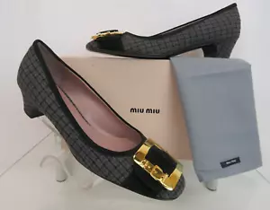 MIU MIU PRADA 5F3505 BLACK SUEDE GRAY CHECK TWEED GOLD BUCKLE BALLET PUMPS 40 - Picture 1 of 14