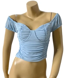 JUST POLLY Womens Size Medium Off Shoulder Sweetheart Blue Crop Top Shirt New - Picture 1 of 6