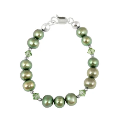 925 Silver Green Freshwater Pearls & Green European Crystals Baby Bracelet, 5" - Image 1 of 3