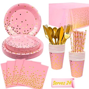 Rosa und Gold Partygeschirr,Partyzubehör Rosa Pappteller set - Bild 1 von 9