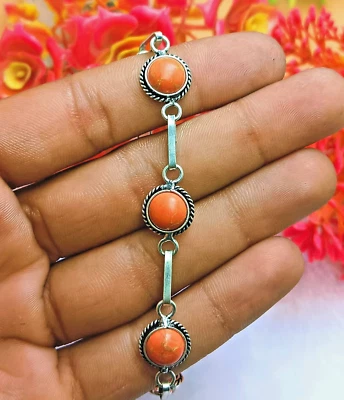 Gift Orange Turquoise 925 Sterling Silver Plated Gemstone Chain 1Pcs Bracelet - Image 1 of 2