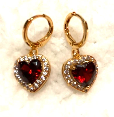 Garnet Dangle Heart Earrings Gold Filled E-127 - Image 1 of 3