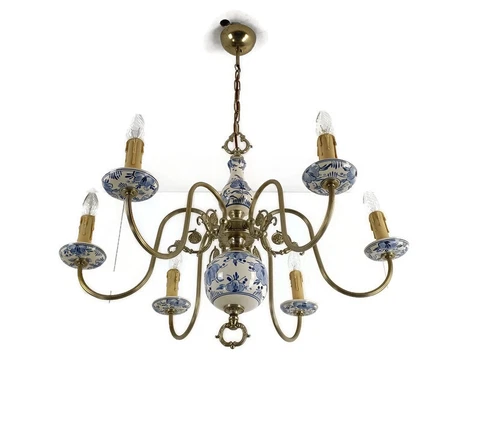 Dutch Delft Style Blue White Porcelain Brass Chandelier 6 Arm Lights Country Bar Cover