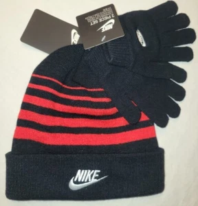 Nike Boys Futura Foldover Black & Red Beanie & Gloves 2 Piece Winter Set FRE SHP - Picture 1 of 4