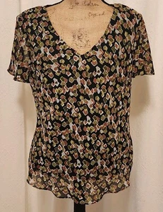 Karin Stevens Womens 16 Green & Brown Colorful Short Sleeve VNeck Chiffon Blouse - Picture 1 of 5
