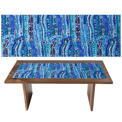TABLE RUNNER - ABORIGINAL ART - 140x45cm - MADE IN AUSTRALIA - MURDIE, BLUE - Image 1 of 2