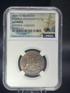 1808 Admiral Gardner Schiffbruch 10 Bargeld NGC Original Münze Indien Madras Präsidentschaft - Bild 1 von 8