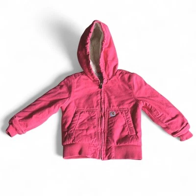 Carhartt Girl 4T Sherpa Lined Pink Canvas Zip Hooded Jacket 100% cotton shell - Image 1 of 4