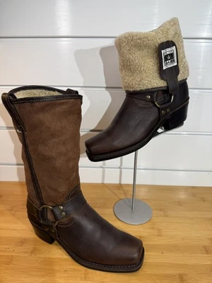 Botas femininas raras Frye Shearling Engineer 8,5M EUA couro marrom camurça arnês - Imagem 1 de 4