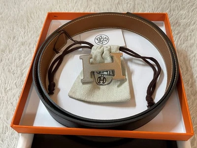 Cinturón reversible Hermes 32 mm dorado togo/negro talla 90 (30-32) plata hebilla guilloche Foto 1 de 4