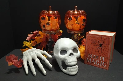 Halloween Clear Glass Pillar Candle Holders 5.5" Tall Set of 2 with Decorations - Image 1 of 4