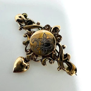 Antike Biedermeier Tombak Brosche mit Herzanhänger Handgravur floral Brooch - Bild 1 von 4