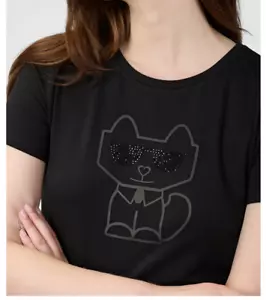 T-shirt donna Karl Lagerfeld Paris logo Choupette S nera con perline occhiali da sole crew - Foto 1 di 11